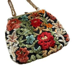 Vintage Floral Carpet Bag Chenille Tapestry Purse Gold Chain Strap Handmade